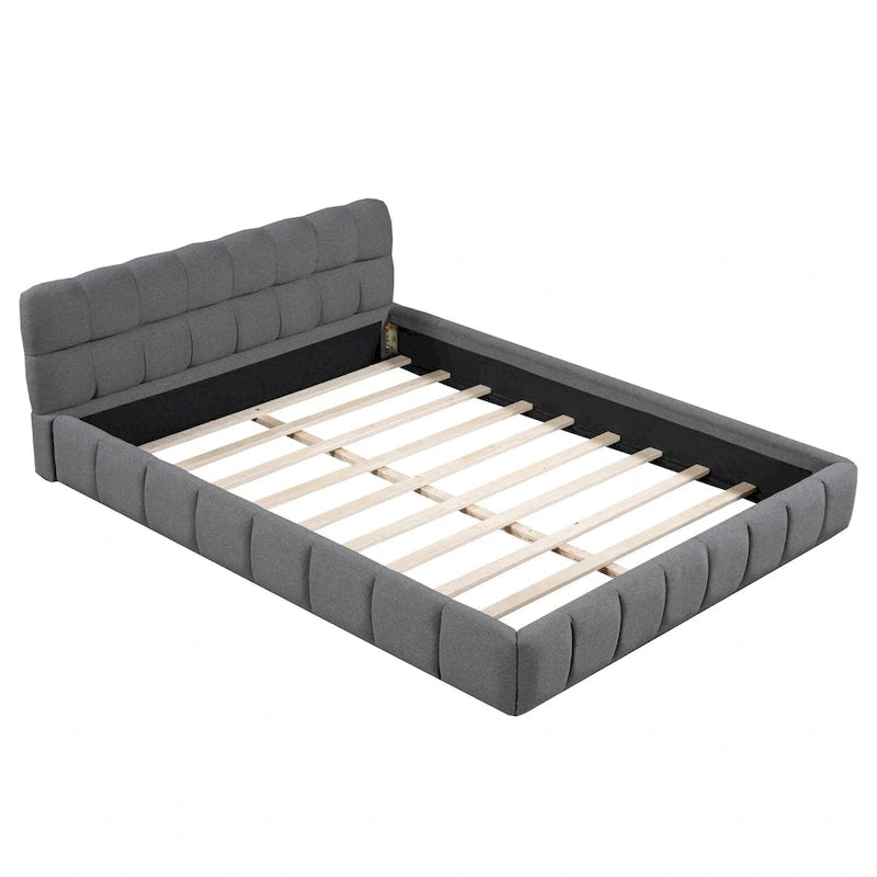 Letto imbottito a piattaforma Queen Size con tessuto spesso, letto a terra con struttura solida, Beige