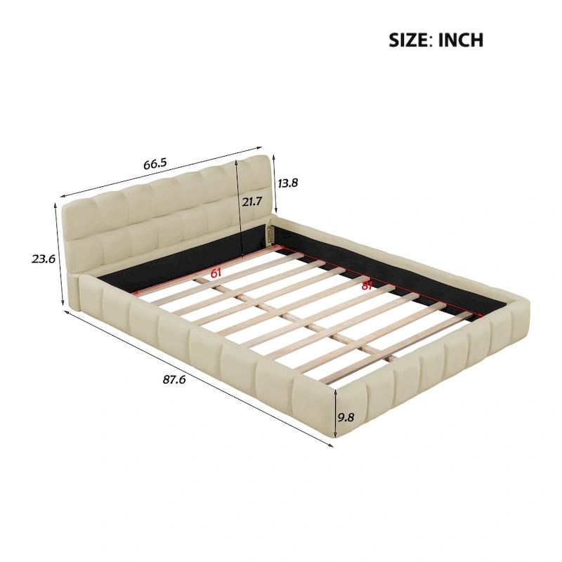 Letto imbottito a piattaforma Queen Size con tessuto spesso, letto a terra con struttura solida, Beige