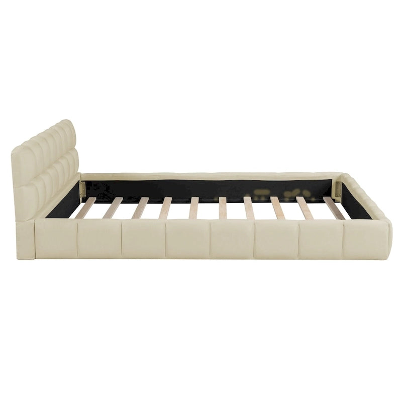 Letto imbottito a piattaforma Queen Size con tessuto spesso, letto a terra con struttura solida, Beige