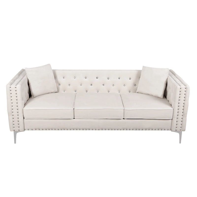 Divano moderno in velluto largo 82,3" con bottoni gioiello, braccioli quadrati capitonné, 2 cuscini inclusi, beige, 4 colori disponibili