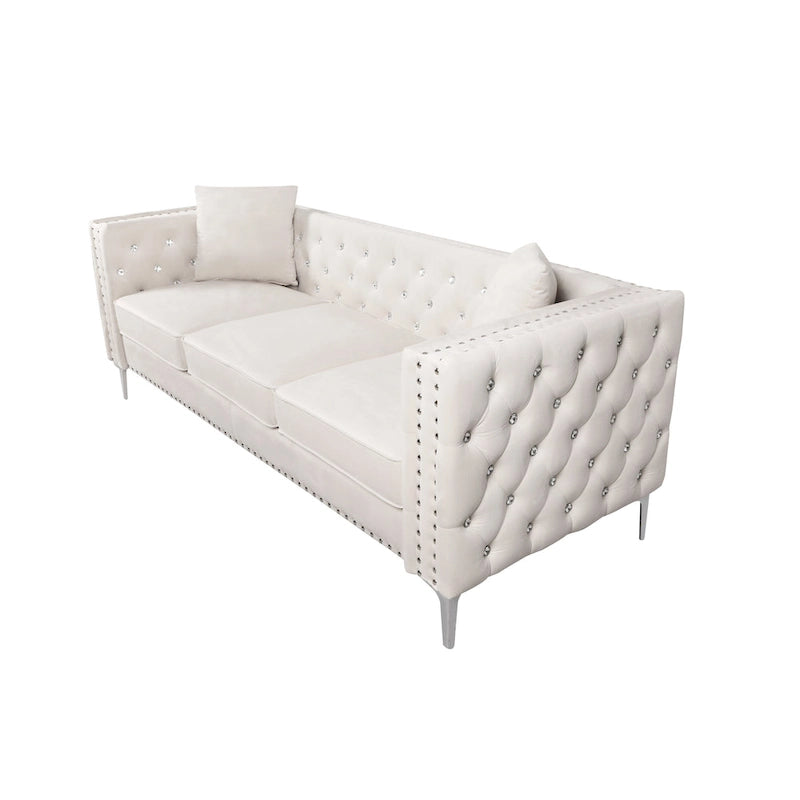 Divano moderno in velluto largo 82,3" con bottoni gioiello, braccioli quadrati capitonné, 2 cuscini inclusi, beige, 4 colori disponibili