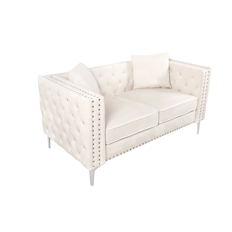 Divano moderno in velluto largo 82,3" con bottoni gioiello, braccioli quadrati capitonné, 2 cuscini inclusi, beige, 4 colori disponibili