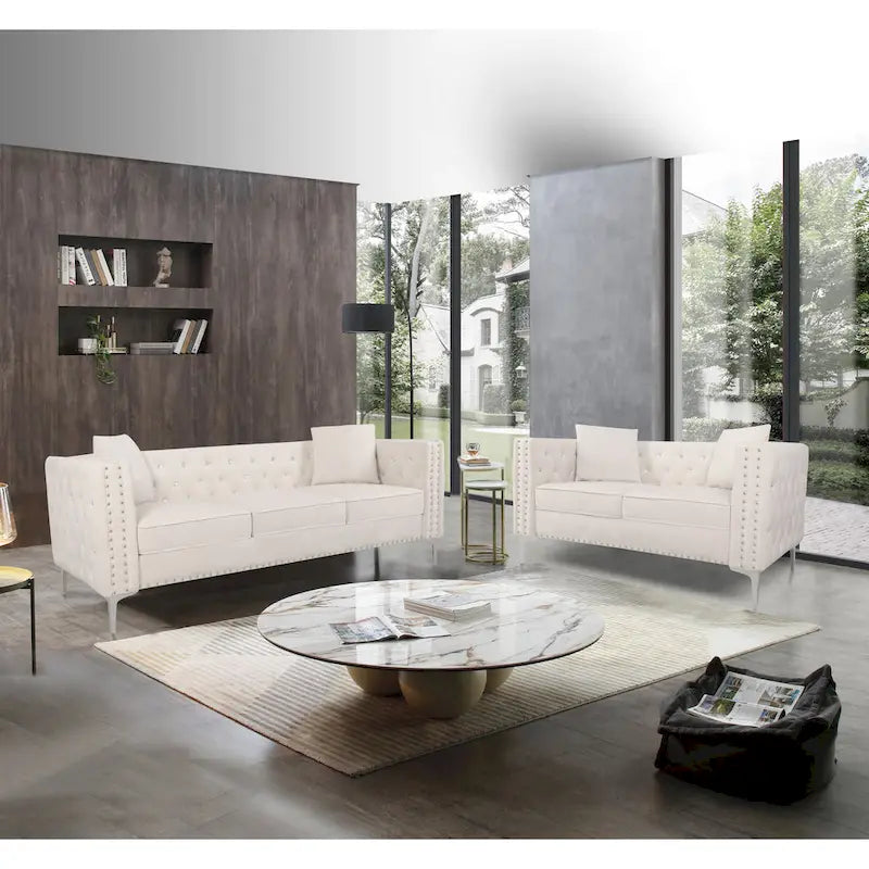 Divano moderno in velluto largo 82,3" con bottoni gioiello, braccioli quadrati capitonné, 2 cuscini inclusi, beige, 4 colori disponibili