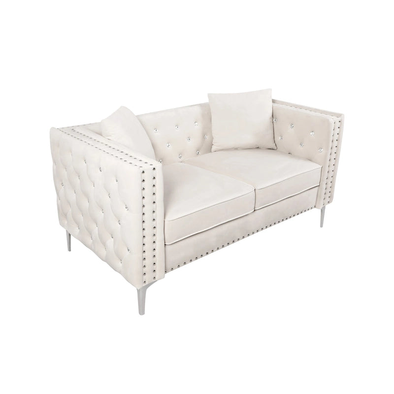 Divano moderno in velluto largo 82,3" con bottoni gioiello, braccioli quadrati capitonné, 2 cuscini inclusi, beige, 4 colori disponibili