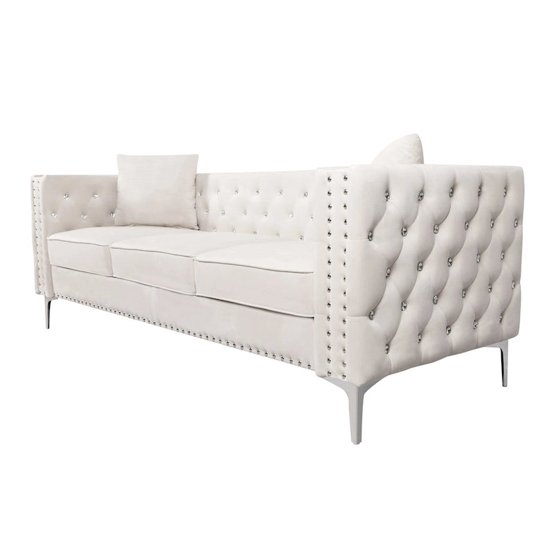 Divano moderno in velluto largo 82,3" con bottoni gioiello, braccioli quadrati capitonné, 2 cuscini inclusi, beige, 4 colori disponibili