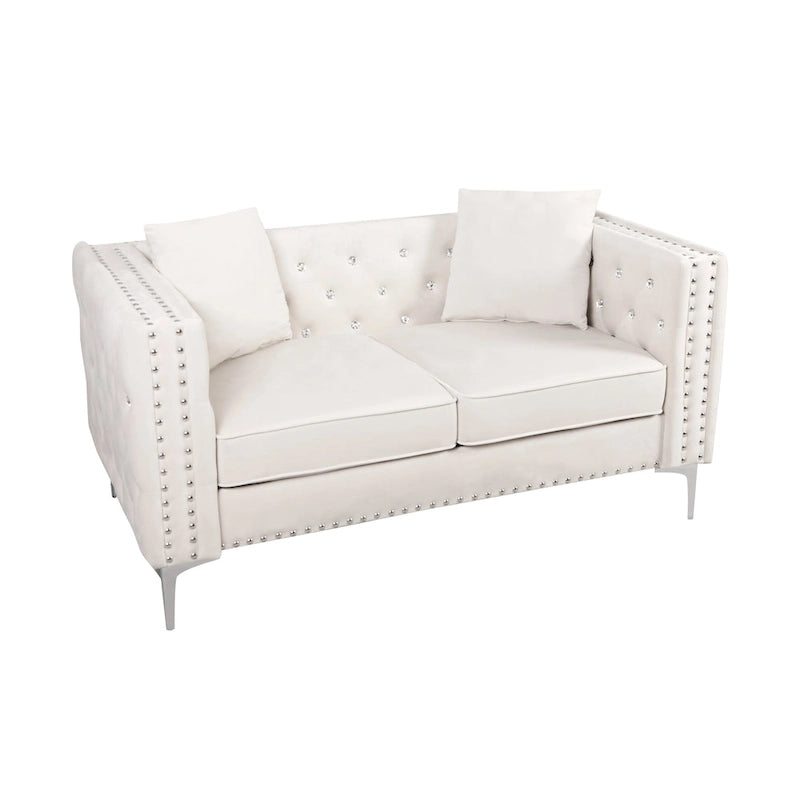Divano moderno in velluto largo 82,3" con bottoni gioiello, braccioli quadrati capitonné, 2 cuscini inclusi, beige, 4 colori disponibili