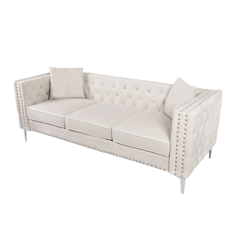 Divano moderno in velluto largo 82,3" con bottoni gioiello, braccioli quadrati capitonné, 2 cuscini inclusi, beige, 4 colori disponibili