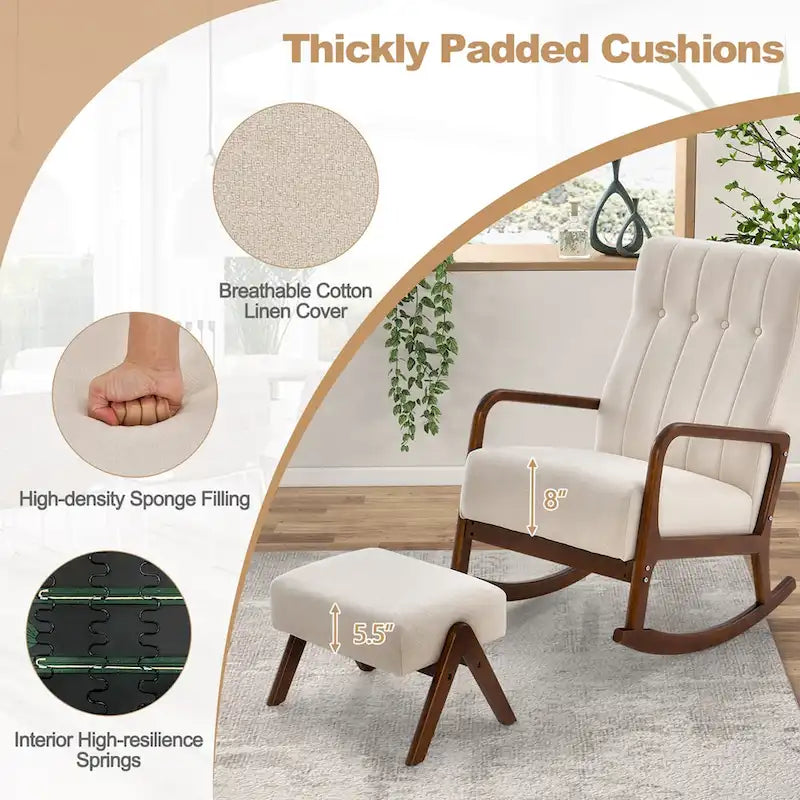 Sedia a Dondolo con Poggiapiedi, Tessuto Imbottito, Modello Glider Rocker