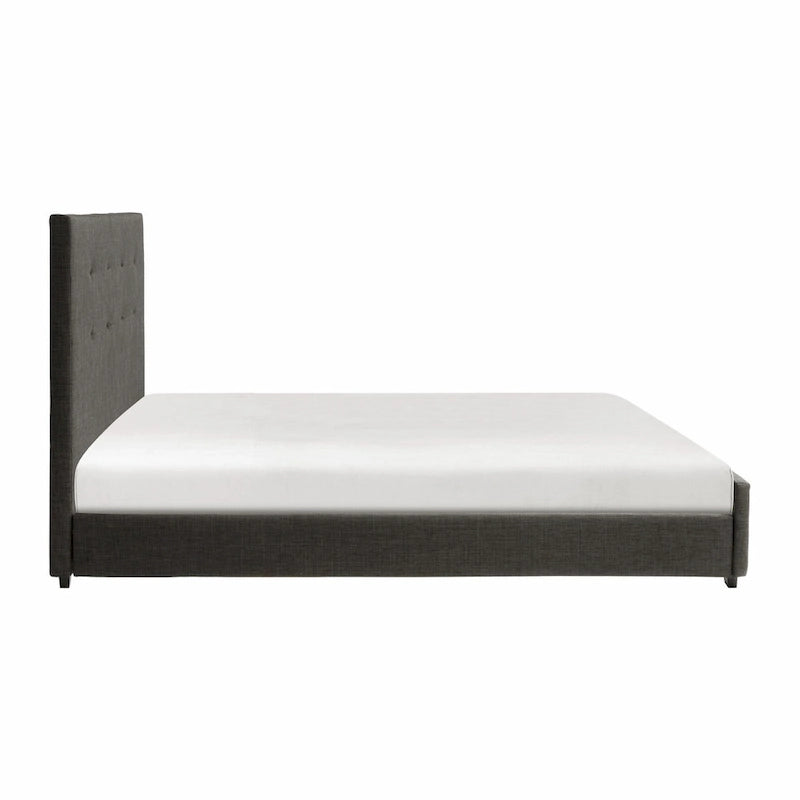 Letto a piattaforma King Size Cady, testiera imbottita trapuntata, legno massello grigio