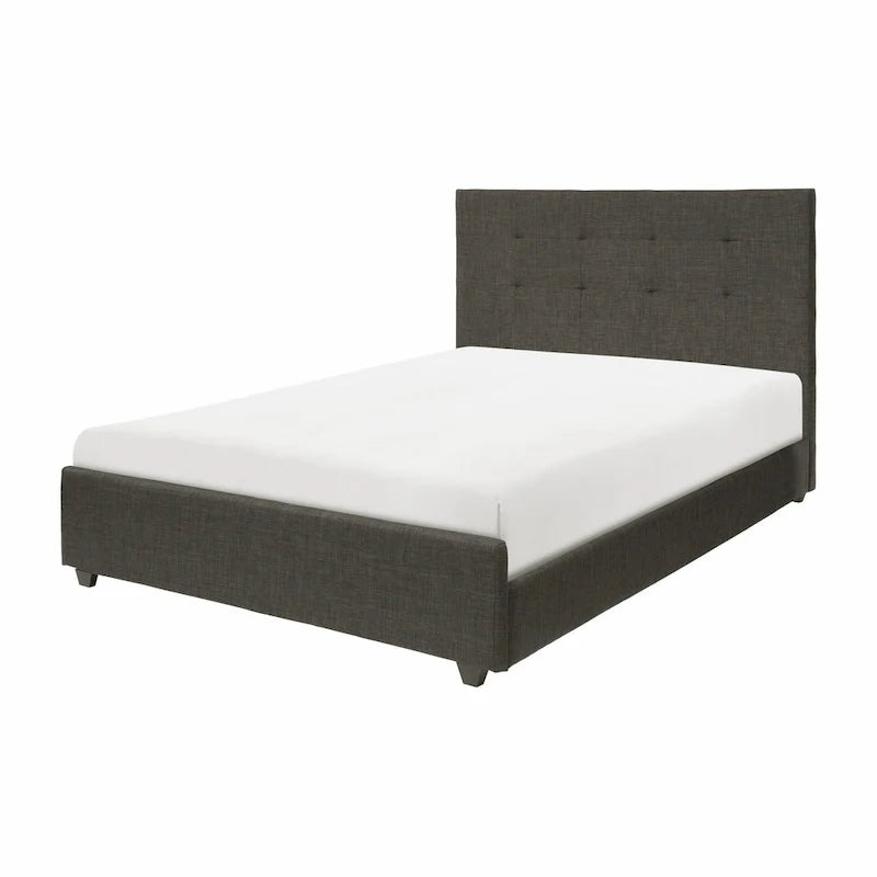 Letto a piattaforma King Size Cady, testiera imbottita trapuntata, legno massello grigio