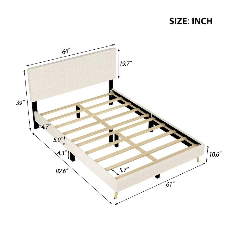 Struttura letto a piattaforma queen in legno con testiera a righe orizzontali, struttura letto imbottita con doghe in legno, non è necessaria la rete a molle