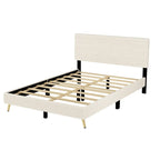 Struttura letto a piattaforma queen in legno con testiera a righe orizzontali, struttura letto imbottita con doghe in legno, non è necessaria la rete a molle