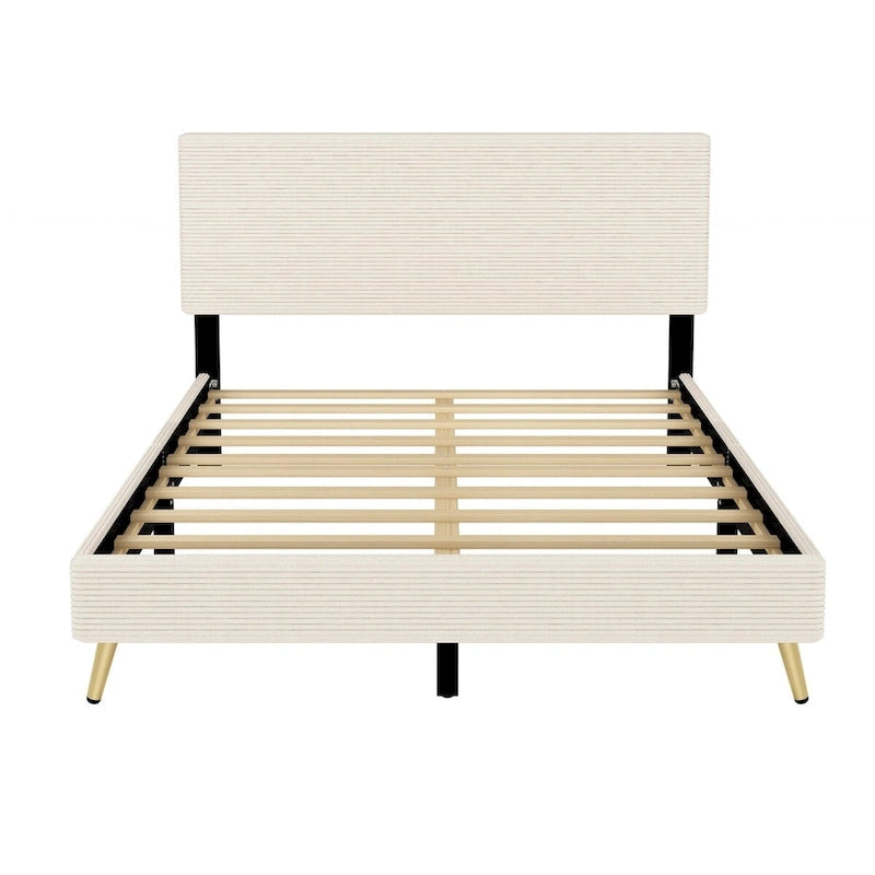 Struttura letto a piattaforma queen in legno con testiera a righe orizzontali, struttura letto imbottita con doghe in legno, non è necessaria la rete a molle