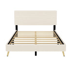 Struttura letto a piattaforma queen in legno con testiera a righe orizzontali, struttura letto imbottita con doghe in legno, non è necessaria la rete a molle