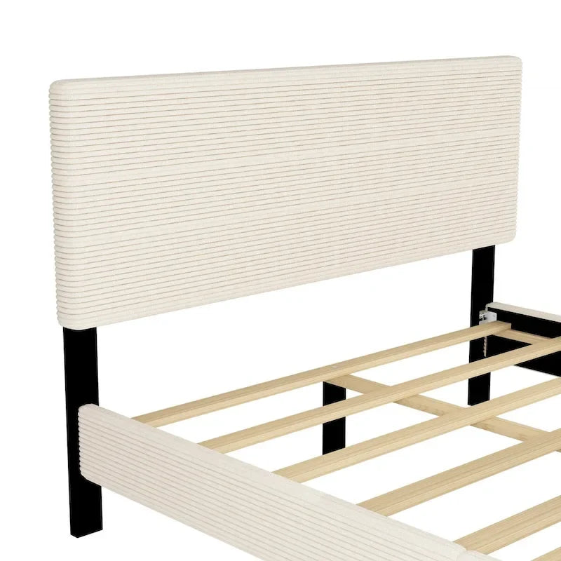 Struttura letto a piattaforma queen in legno con testiera a righe orizzontali, struttura letto imbottita con doghe in legno, non è necessaria la rete a molle