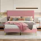 Struttura letto a piattaforma queen in legno con testiera a righe orizzontali, struttura letto imbottita con doghe in legno, non è necessaria la rete a molle