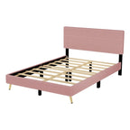 Struttura letto a piattaforma queen in legno con testiera a righe orizzontali, struttura letto imbottita con doghe in legno, non è necessaria la rete a molle