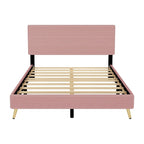 Struttura letto a piattaforma queen in legno con testiera a righe orizzontali, struttura letto imbottita con doghe in legno, non è necessaria la rete a molle