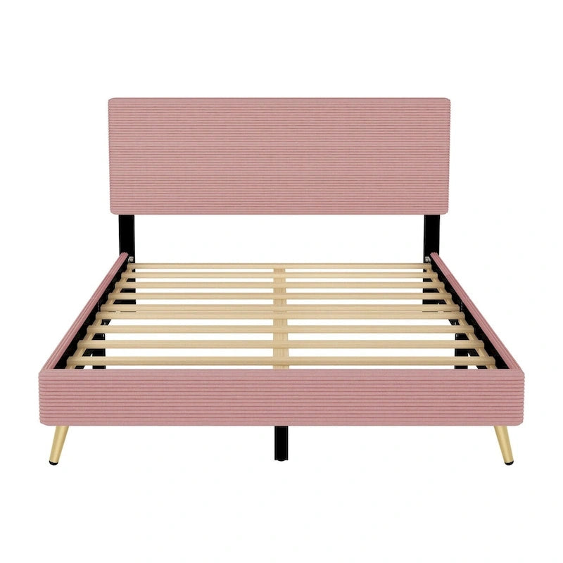 Struttura letto a piattaforma queen in legno con testiera a righe orizzontali, struttura letto imbottita con doghe in legno, non è necessaria la rete a molle