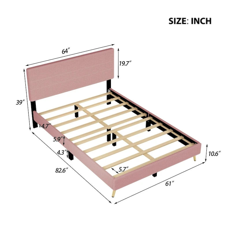 Struttura letto a piattaforma queen in legno con testiera a righe orizzontali, struttura letto imbottita con doghe in legno, non è necessaria la rete a molle