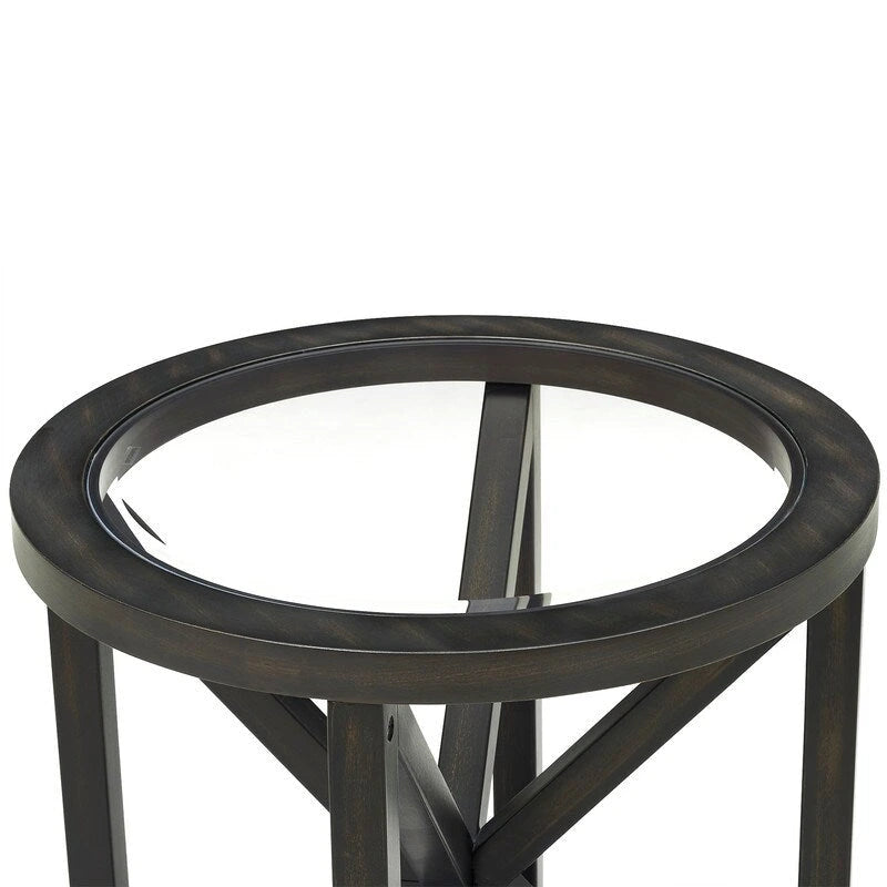 Tavolino da caffè moderno semplice in vetro, tavolino da caffè in vetro temperato con base in legno massello e piano rotondo in vetro trasparente