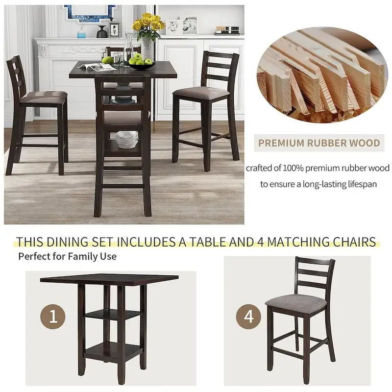 Set tavolo da pranzo quadrato altezza bancone 5 pezzi con 4 sedie