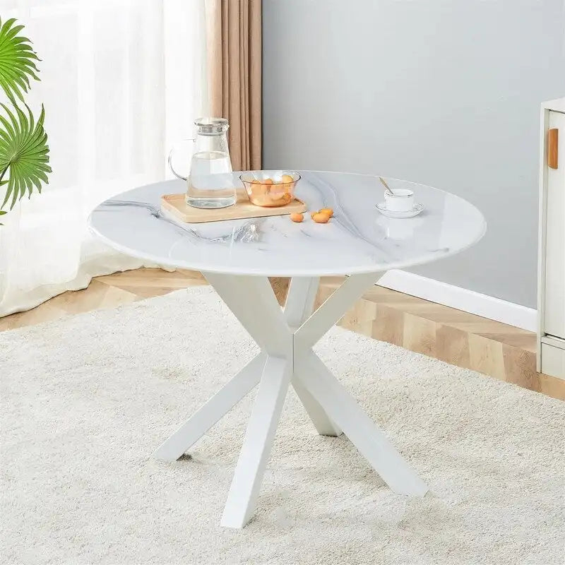 Tavolo da pranzo rotondo moderno di metà secolo con piano in MDF e base a piedistallo - 107 cm