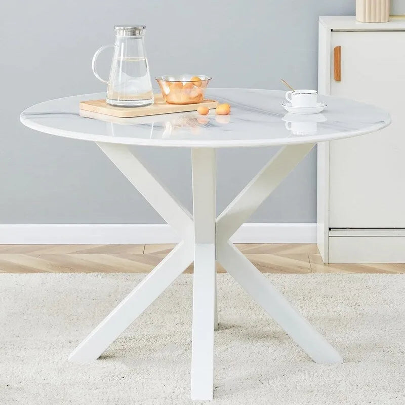 Tavolo da pranzo rotondo moderno di metà secolo con piano in MDF e base a piedistallo - 107 cm