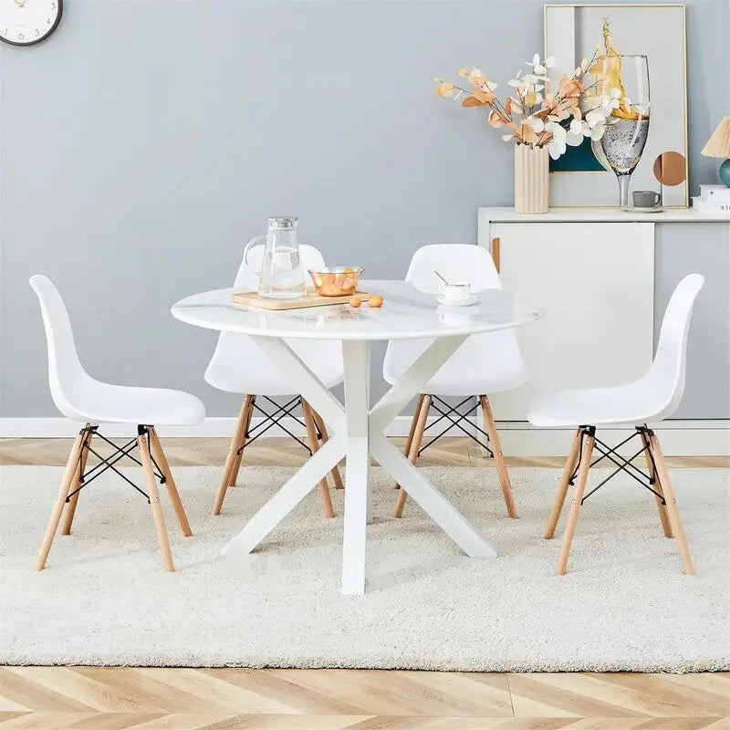Tavolo da pranzo rotondo moderno di metà secolo con piano in MDF e base a piedistallo - 107 cm