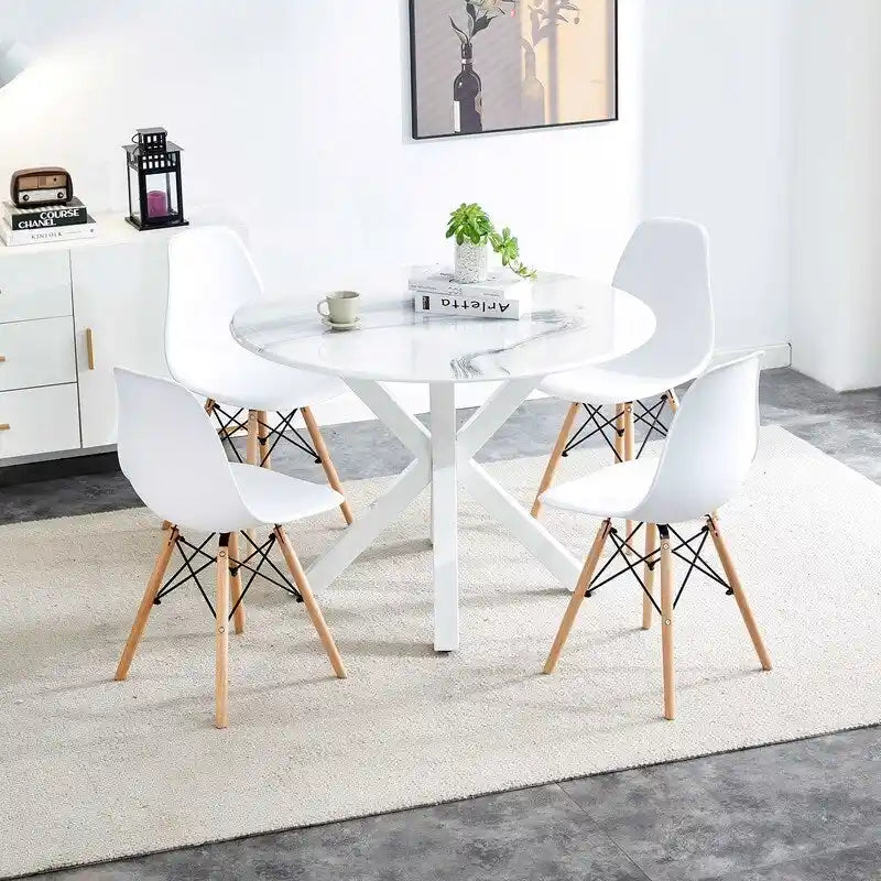 Tavolo da pranzo rotondo moderno di metà secolo con piano in MDF e base a piedistallo - 107 cm