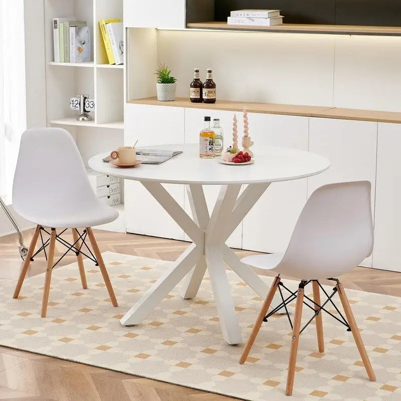 Tavolo da pranzo rotondo moderno di metà secolo con piano in MDF e base a piedistallo - 107 cm