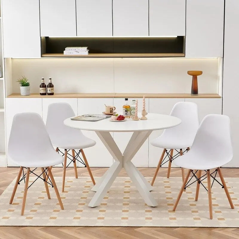 Tavolo da pranzo rotondo moderno di metà secolo con piano in MDF e base a piedistallo - 107 cm