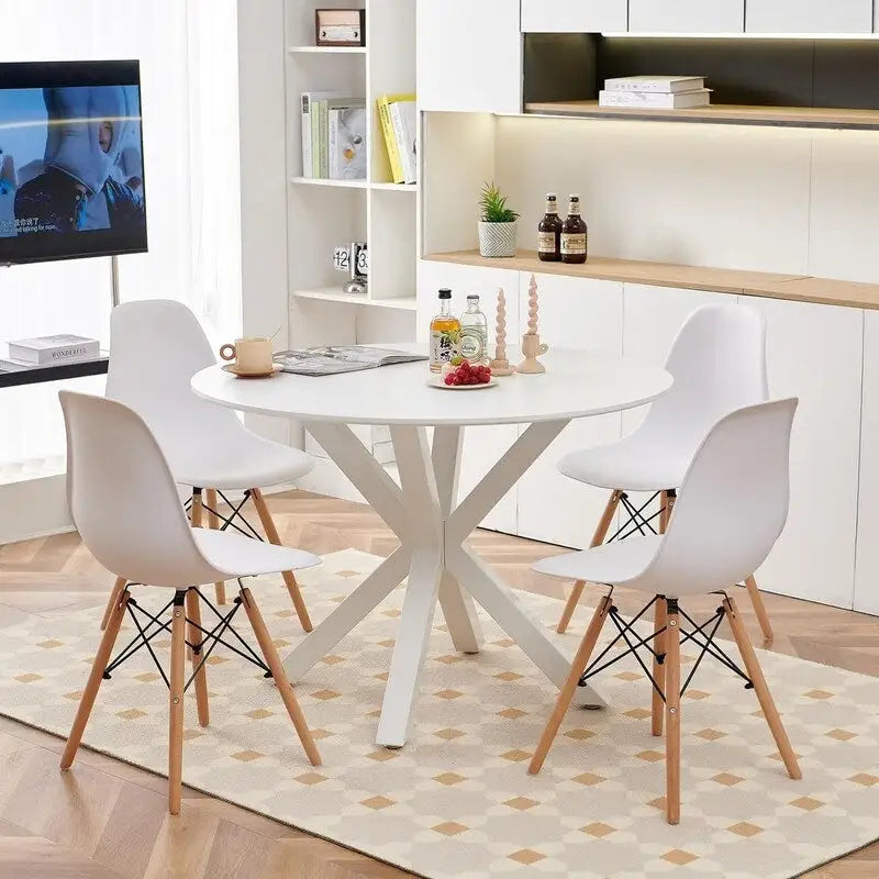 Tavolo da pranzo rotondo moderno di metà secolo con piano in MDF e base a piedistallo - 107 cm