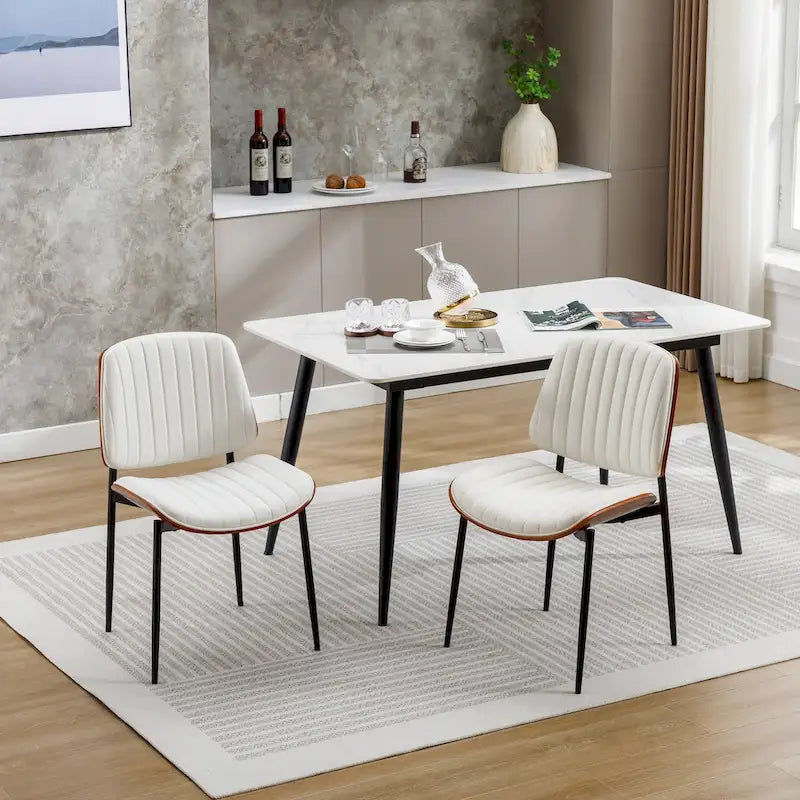 Set di 2 sedie da pranzo moderne di metà secolo in similpelle retrò con seduta imbottita in legno curvato, gambe in metallo e piedini regolabili