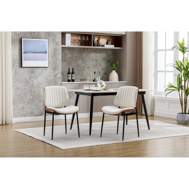 Set di 2 sedie da pranzo moderne di metà secolo in similpelle retrò con seduta imbottita in legno curvato, gambe in metallo e piedini regolabili