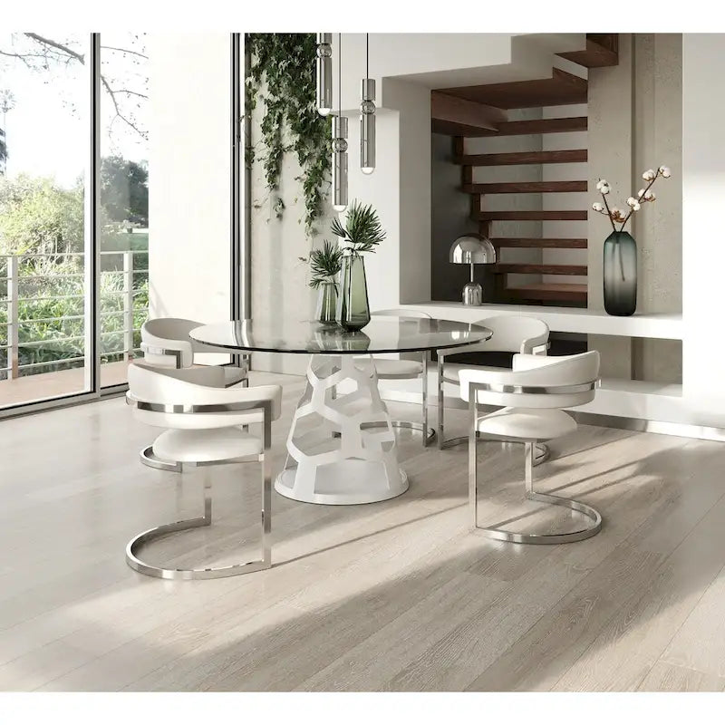 Tavolo da pranzo rotondo in vetro da 12 mm e bianco