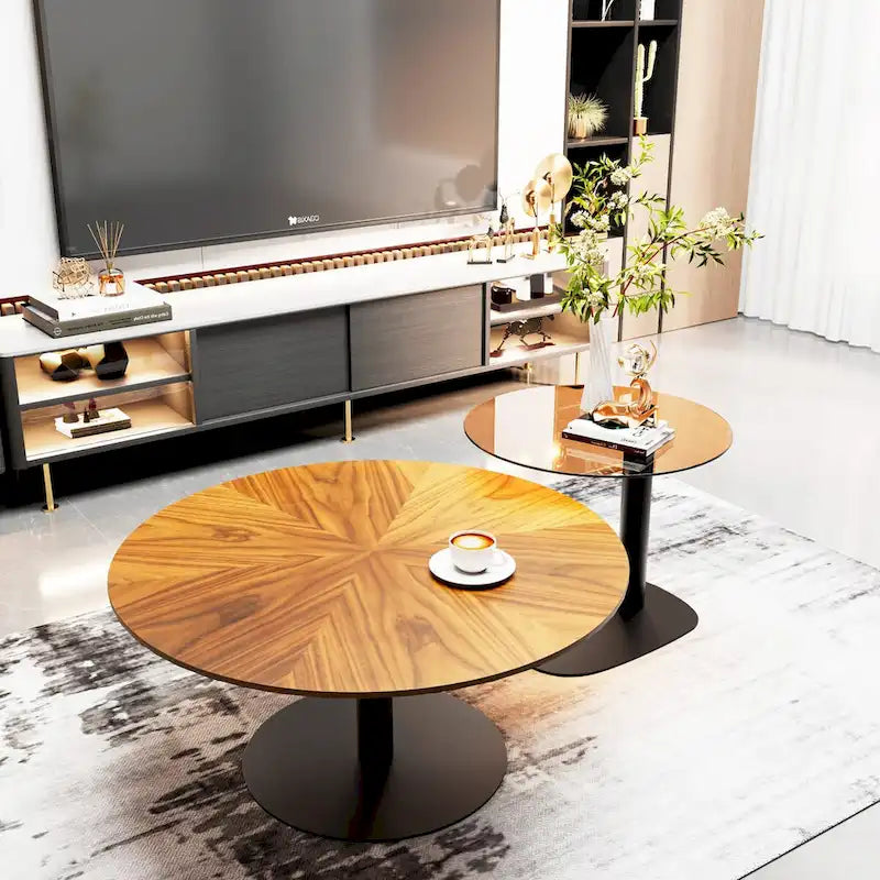 Set di 2 tavolini da caffè rotondi impilabili moderni con ripiano in vetro ardesia