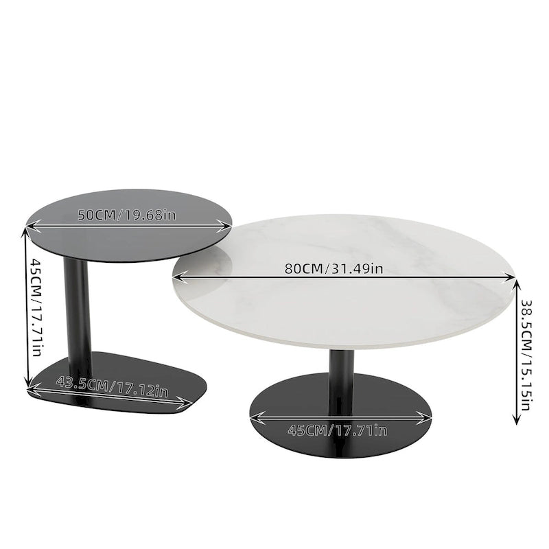 Set di 2 tavolini da caffè rotondi impilabili moderni con ripiano in vetro ardesia