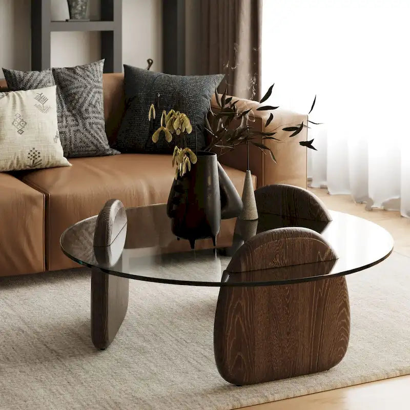 Modrest Buxton Mid-Century Modern Glass & Dark Walnut Coffee Table